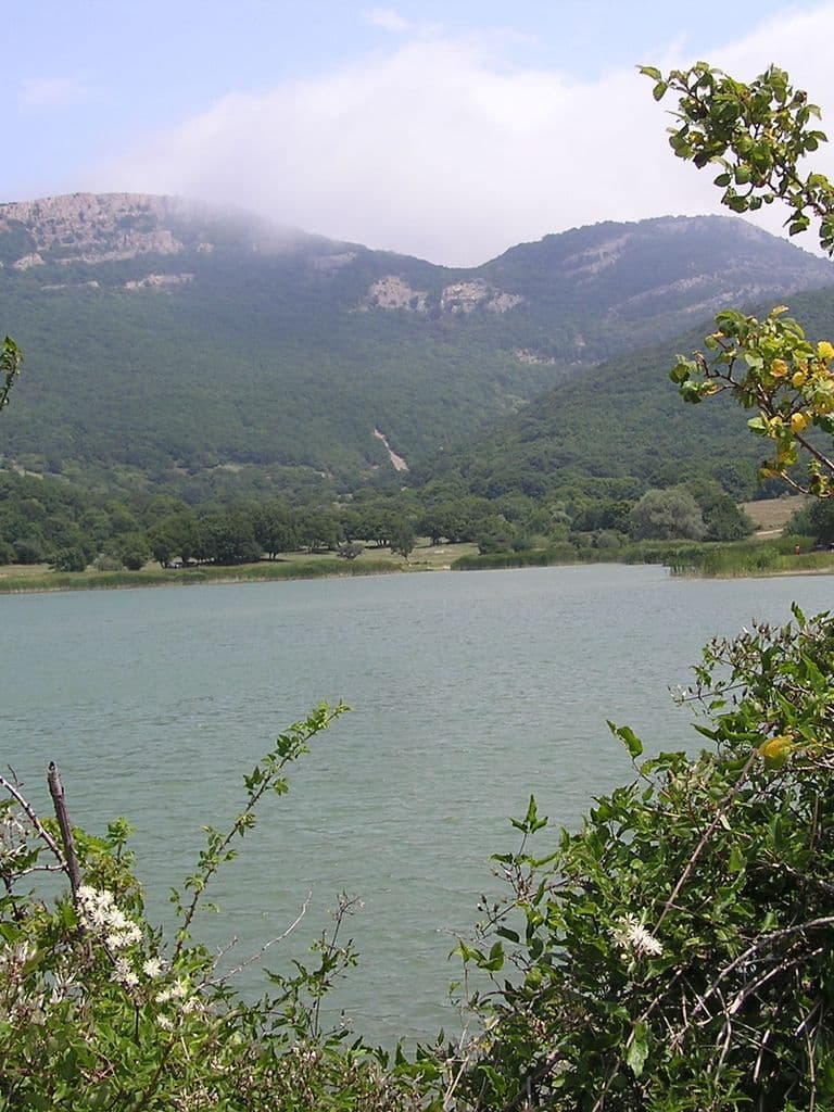 Чернореченское водохранилище в Байдарской долине, за ним лесистые склоны Крымских гор