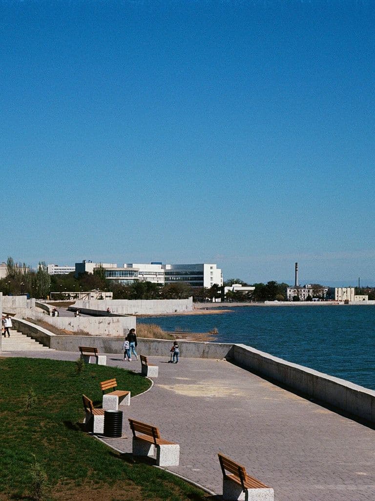 Берег Сакского озера с солёной водой и низкой растительностью